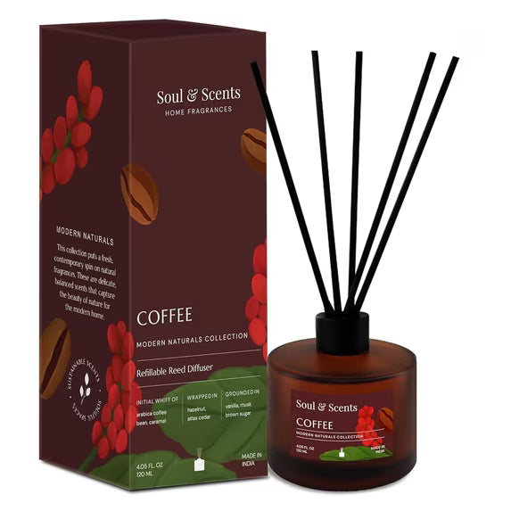 Soul & Scents Reed Diffuser Set – Coffee, 4.1 oz Scented Oil with 6 Fiber Sticks
