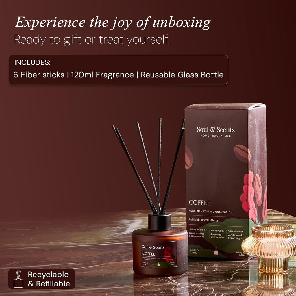 Soul & Scents Reed Diffuser Set – Coffee, 4.1 oz Scented Oil with 6 Fiber Sticks