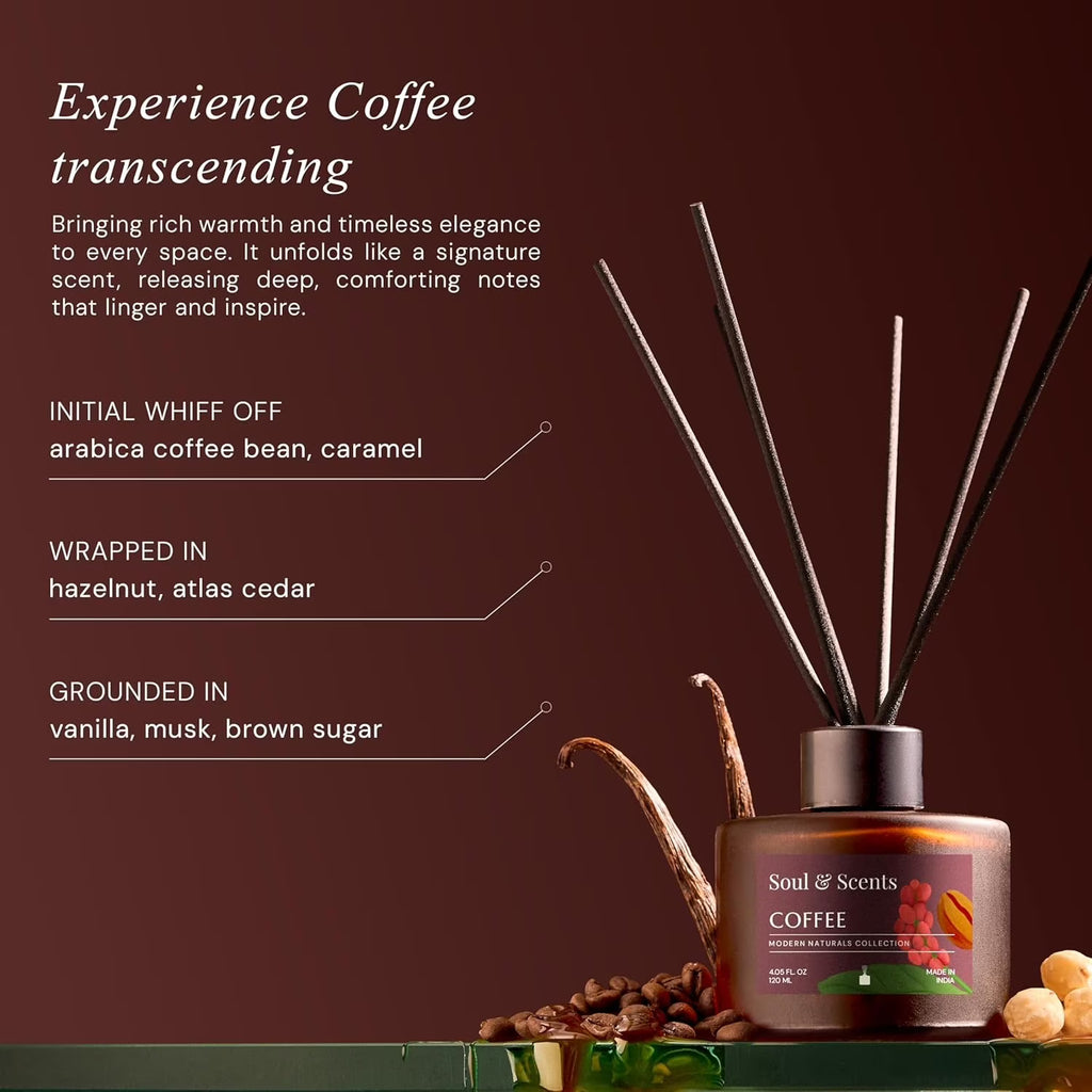 Soul & Scents Reed Diffuser Set – Coffee, 4.1 oz Scented Oil with 6 Fiber Sticks