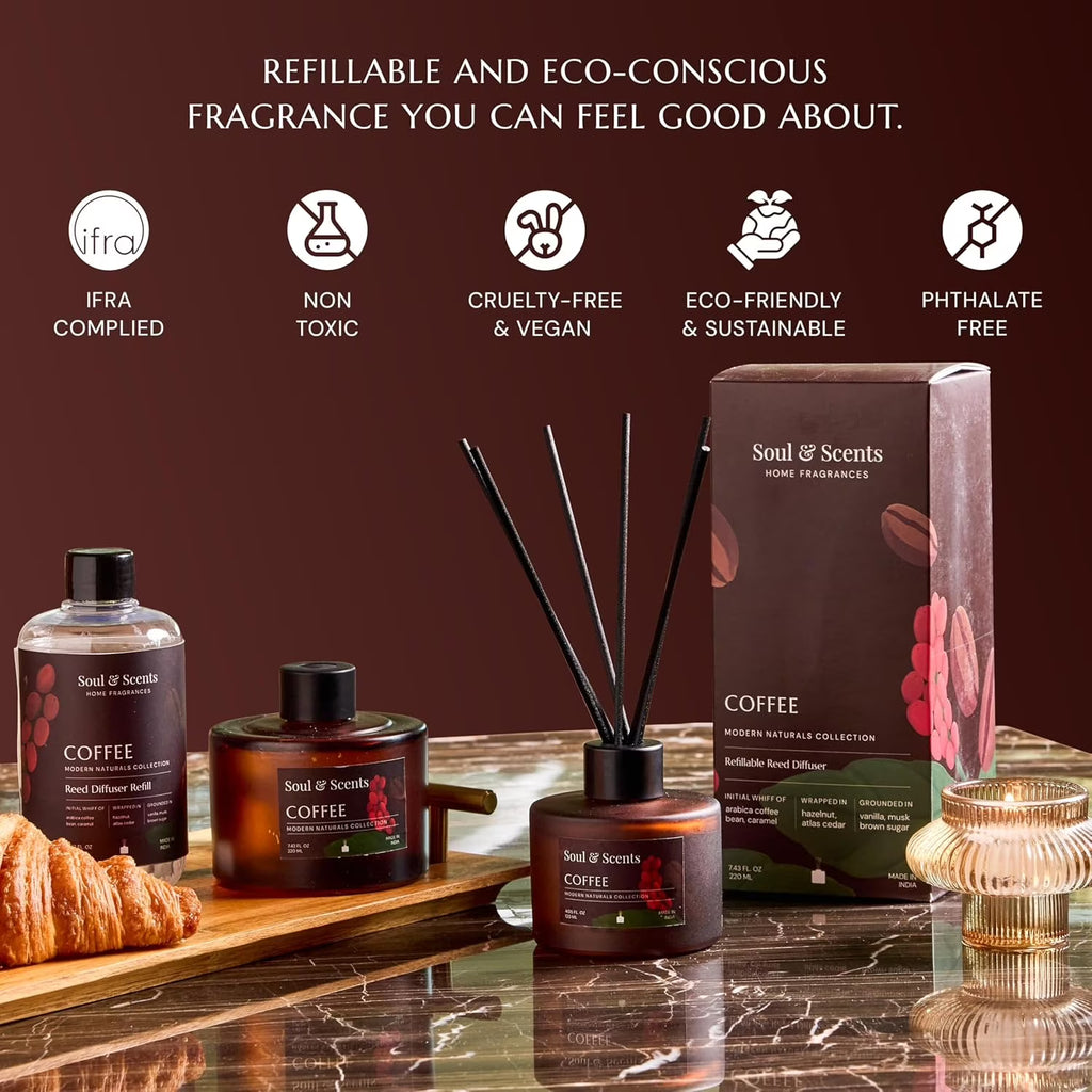 Soul & Scents Reed Diffuser Set – Coffee, 4.1 oz Scented Oil with 6 Fiber Sticks