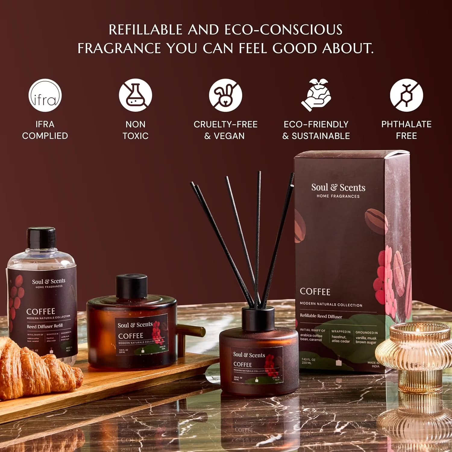 Soul & Scents Reed Diffuser Set – Coffee, 4.1 oz Scented Oil with 6 Fiber Sticks