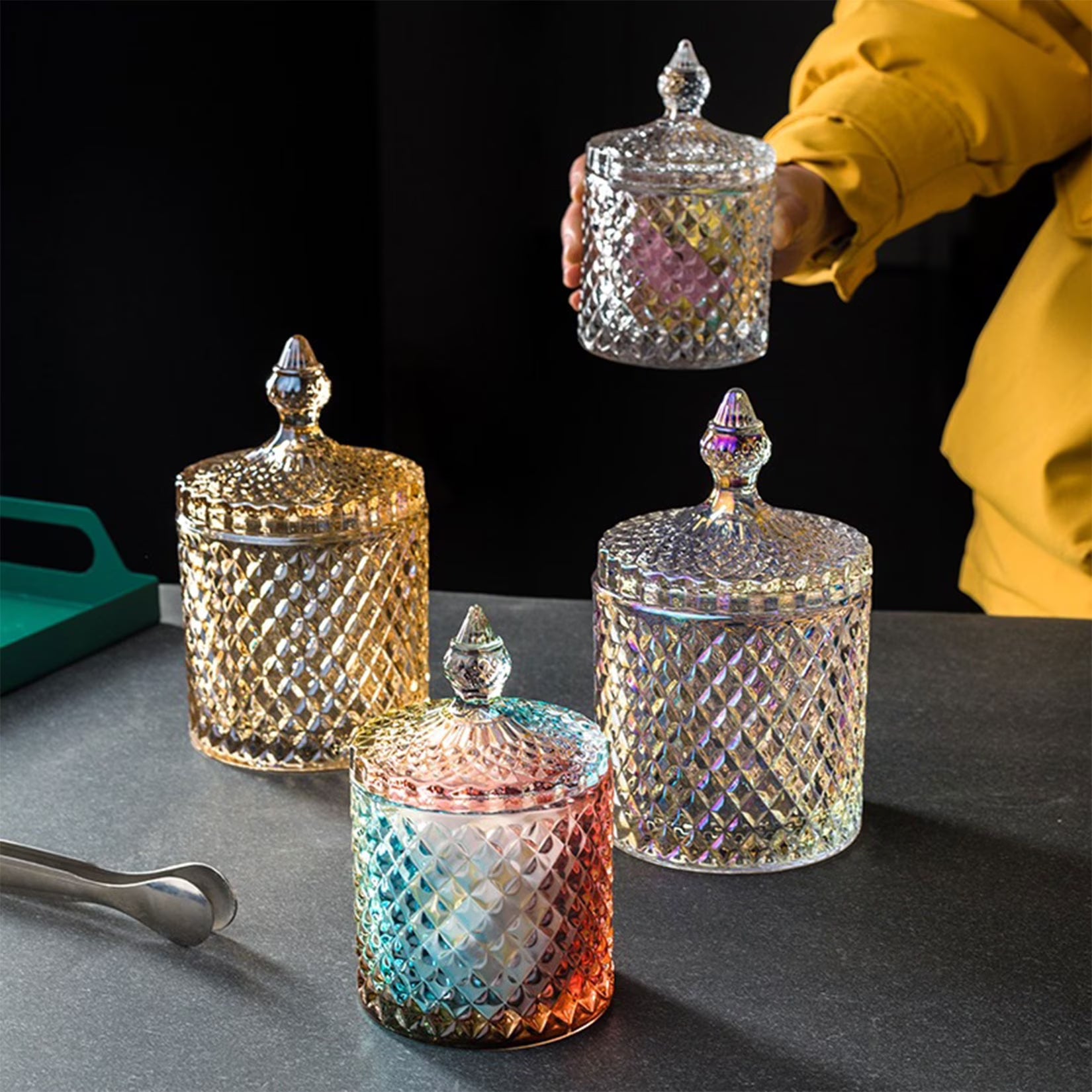 Vintage Diamond Cut Glass Canister with Lid – Decorative Candle Holder & Crystal Candy Jar