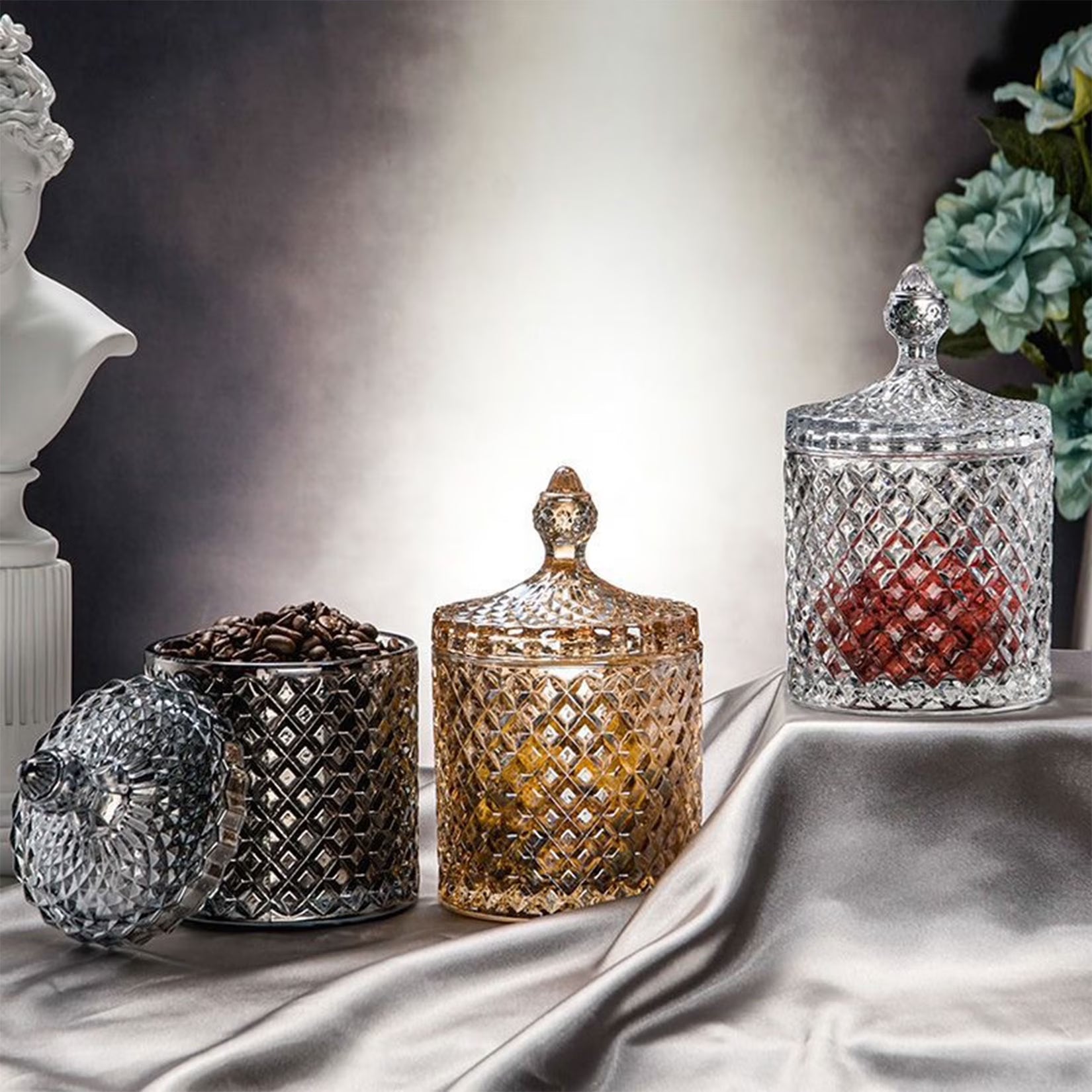 Vintage Diamond Cut Glass Canister with Lid – Decorative Candle Holder & Crystal Candy Jar