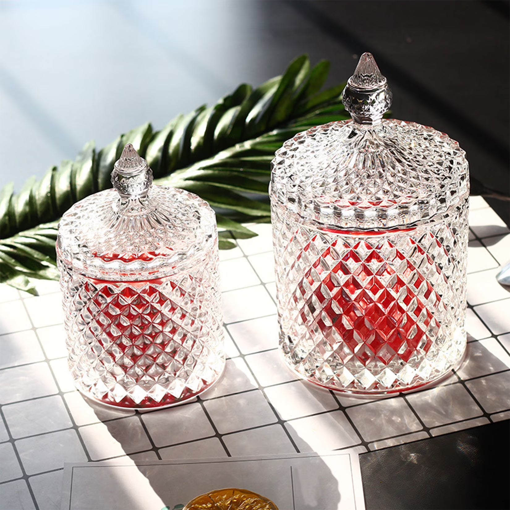 Vintage Diamond Cut Glass Canister with Lid – Decorative Candle Holder & Crystal Candy Jar